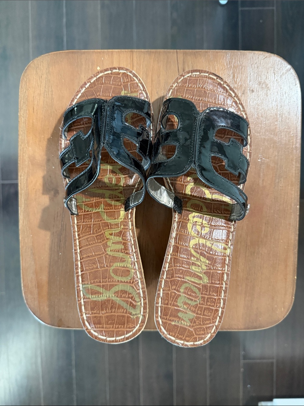 Sam Edelman Black Patent Wedge Sandals with Brown Footbed
